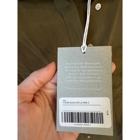 EVERLANE NWT Button Down 100% Silk Oversized Longsleeve Shirt Olive Green Size 0 - Picture 8 of 9